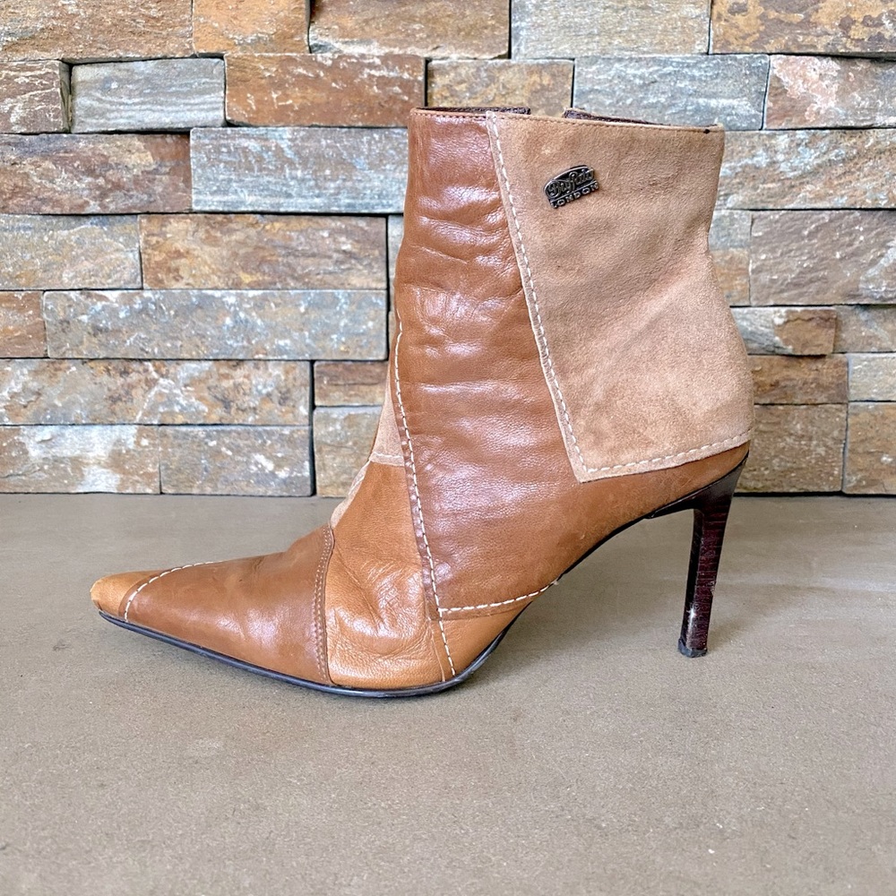 Vintage Y2K Leather Patchwork Tan Brown Pointed Toe Heel Boots Size 38.